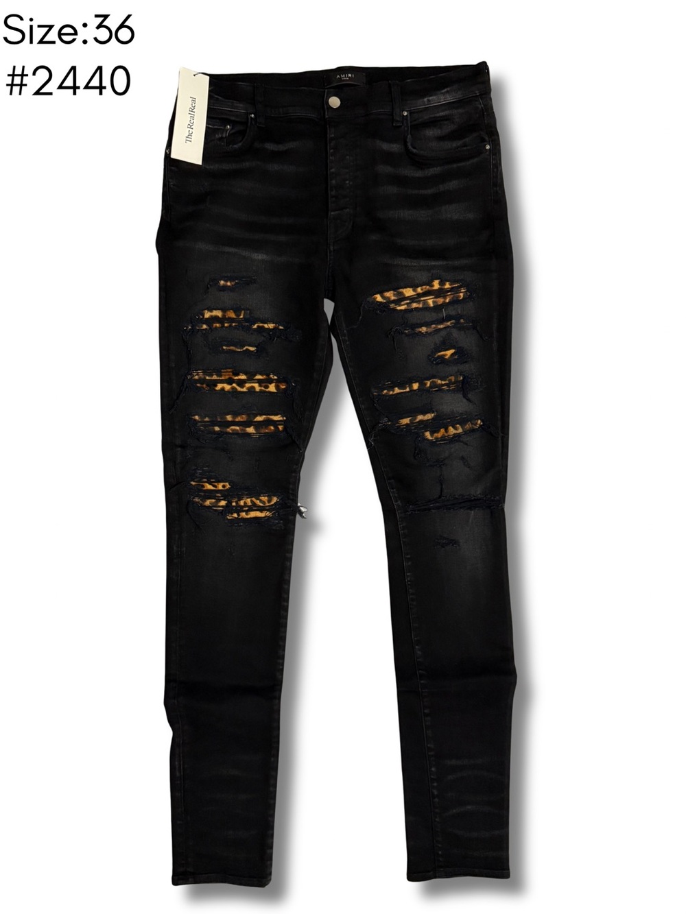 Distressed Black Men's Jeans with Leopard Patch Accents